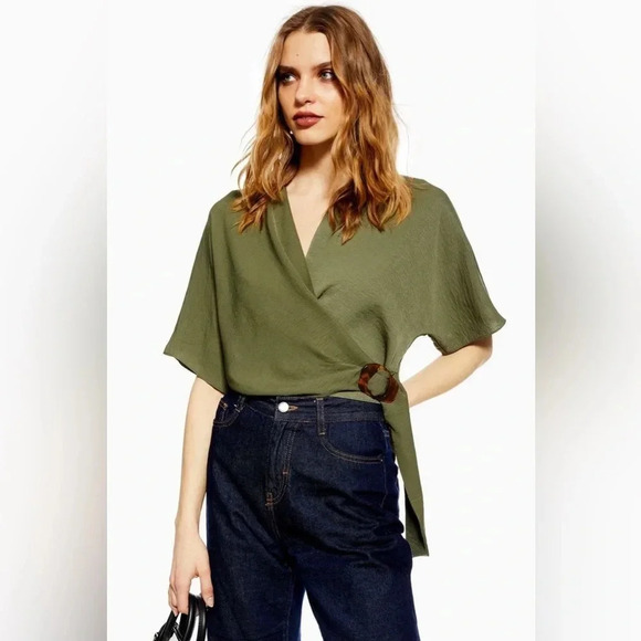 TopShop Green Wrap Front Dolman Sleeve Top, US Sz 6, Blouse, Tortoise Shell - Picture 1 of 10